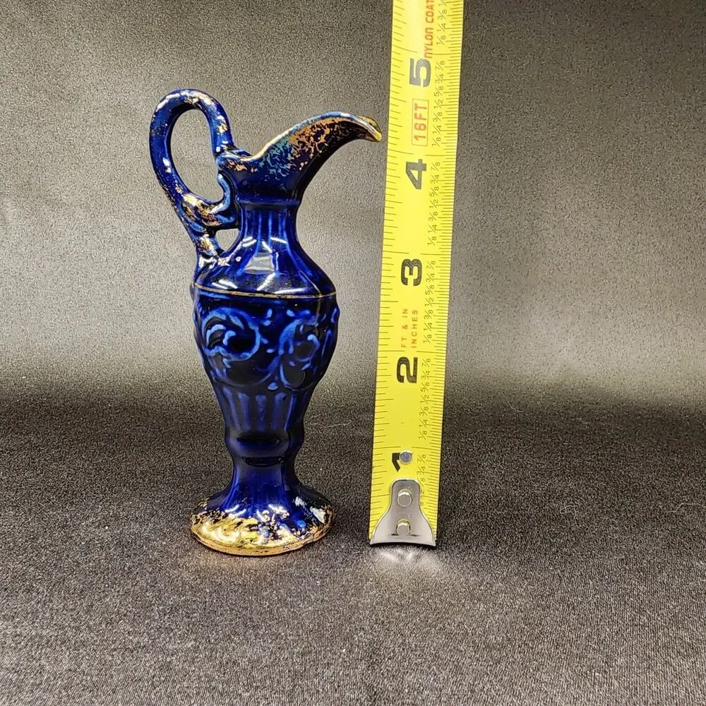 Dark  Blue with Gold accents Miniature Vase 4.5 inches Tall Unmarked